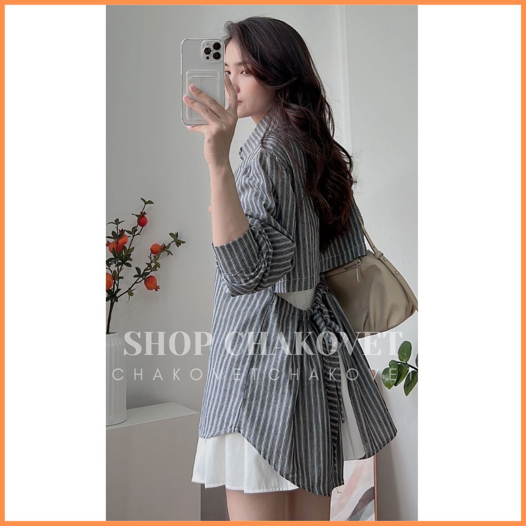 Áo sơ mi nữ dài tay A8356 Áo kiểu kẻ sọc thiết kế xẻ lưng học sinh công sở style Hàn Quốc mặc cực cá tính - CHAKOVET