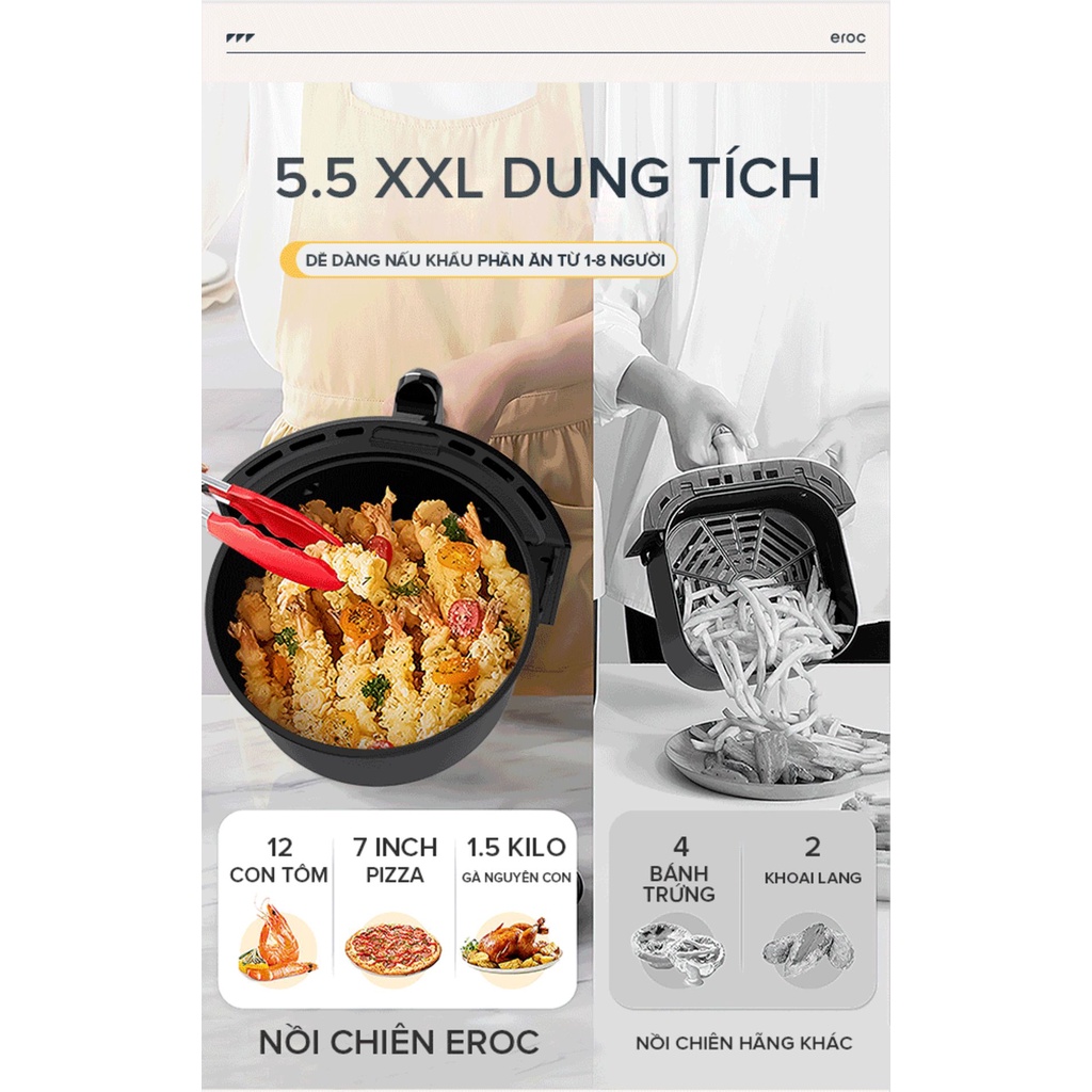 Nồi Chiên Không Dầu Eroc V-D2 Chống Dính 5.5L Bảo Hành 1 Năm