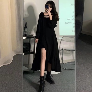 Váy xẻ đen cá tính ⚡️ảnh thật⚡️ váy đầm xẻ đuôi, dài tay, cực xinh cho nữ