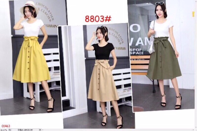 Chân váy kaki nơ bản khuy gỗ hàng Quảng Châu