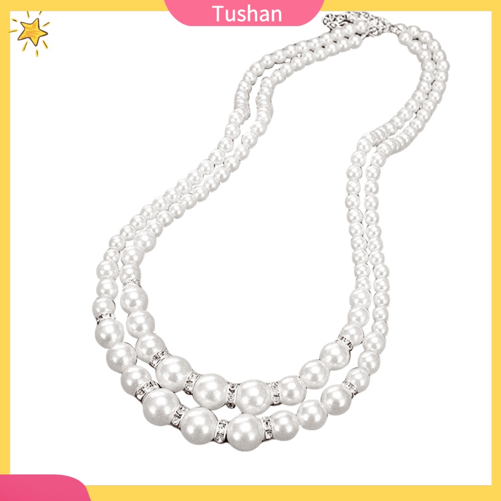 Vòng cổ thời trang kiểu chuỗi hạt ngọc trai giá đính đá trang sức với thiết kế 2 lớp cá tính