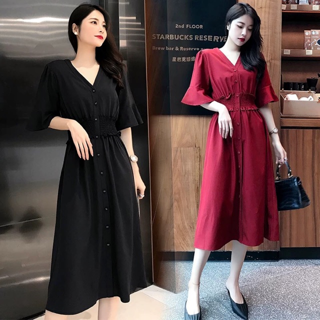 (Order) có bigsize Đầm cổ V chun eo dáng xoè dài cài cúc