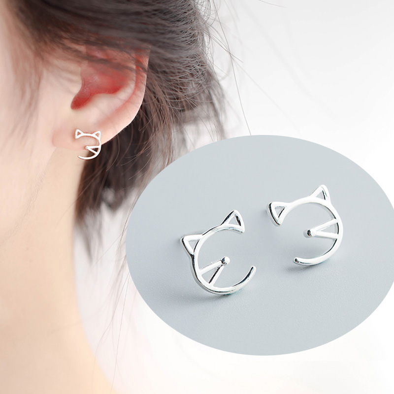  Bông tai xỏ hình mèo bằng bạc phong cách Hàn Quốc đơn giản dễ thương