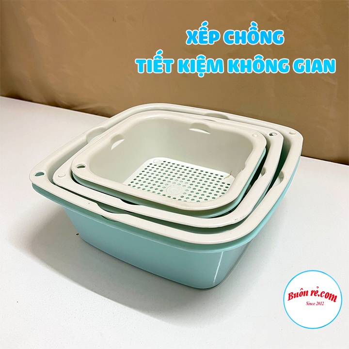 Bộ rổ 6 món kèm chậu đựng rửa rau củ, trái cây tiện lợi - Bổ rổ vuông kèm chậu 2 lớp đa năng - 01568