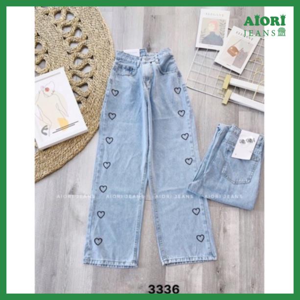 Quần Jeans Nữ, Quần Bò Nữ Aiori Ống Rộng Cạp Cao Họa Tiết Trái Tim Đen Bò Suông Phong Cách Thời Trang Hàn Quốc_Mã 3336