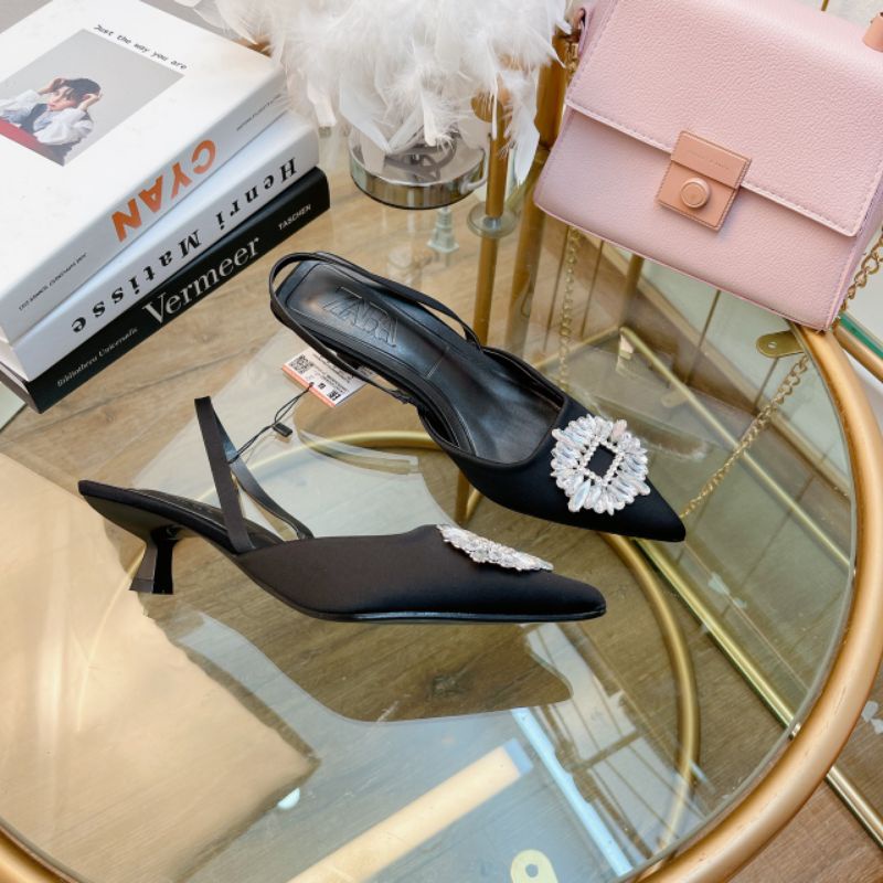 Sandal Gót Nhú 5p Zara Lụa Mềm Êm Fullbox Tem Hãng Cao Cấp