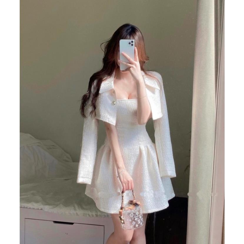 Sét Đầm 2 Dây Kèm Áo Khoác Tay Dài Màu Trắng Cực Sang Chiết eo Tôn Dáng - YUME Y0500