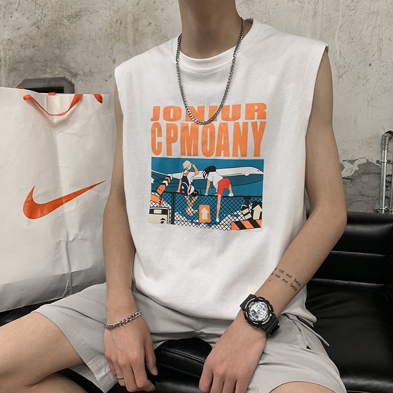 9m-5xl essummer fat mens tank top cho nam kích thước lớn thời trang phim hoạt hình in cơ bắp thể dục không tay áo quá khổ phong cách hàn quốc lỏng cotton cổ tròn sinh viên thanh niên thể thao tees