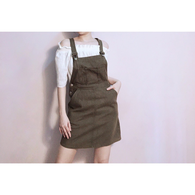 Yếm đầm kaki jean nâu bò cài nút