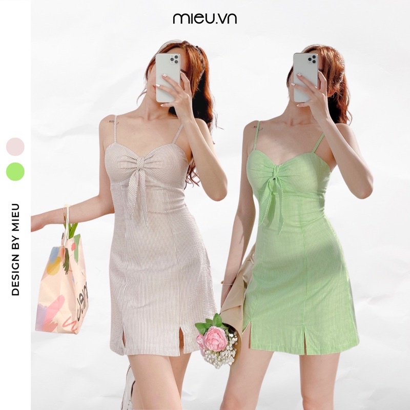 Váy 2 dây dáng chữ A thiết kế thắt nơ ngực tôn dáng 2 lớp có mút ngực MIEU - JJN13