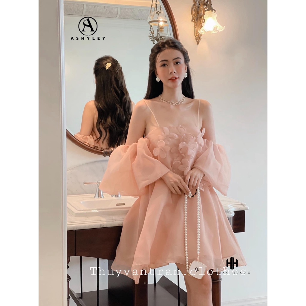 VÁY TƠ ORGANZA BỆT VAI TAY BỒNG ĐÍNH HOA NGỰC