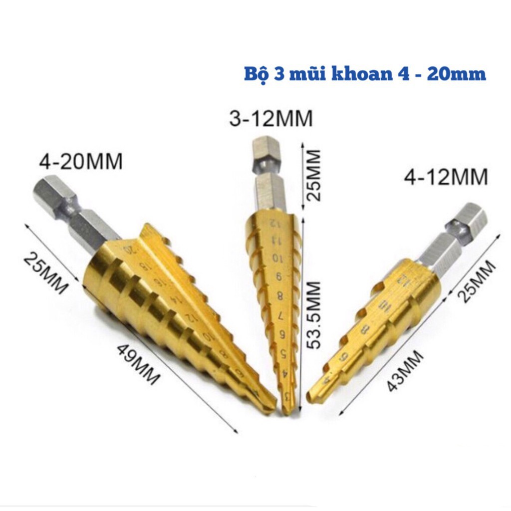 [ Rẻ vô định ] Bộ 3 mũi khoan tháp titanium 4 - 32mm đa năng