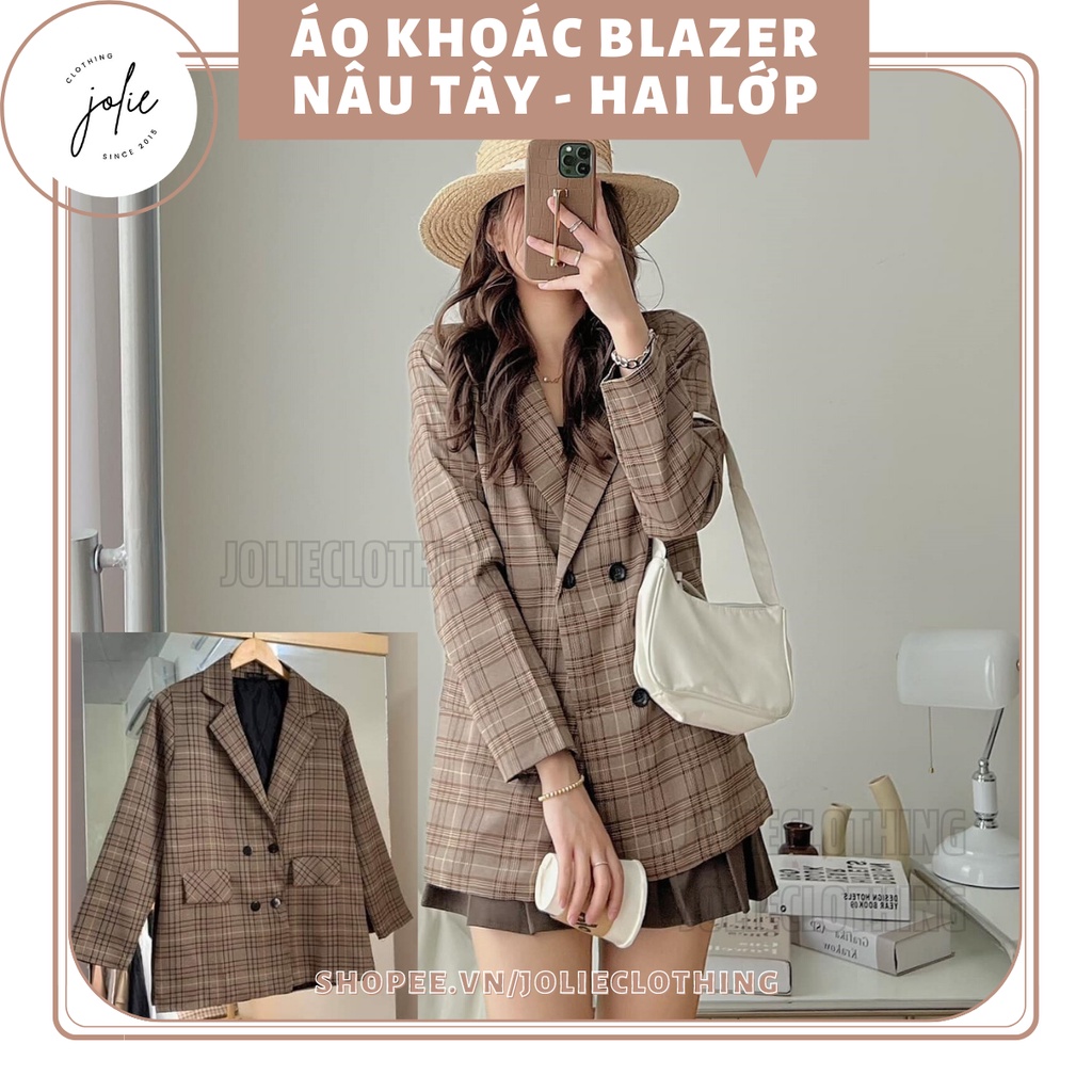 Áo khoác blazer kẻ nâu tây, áo khoác vest hai lớp dáng dài
