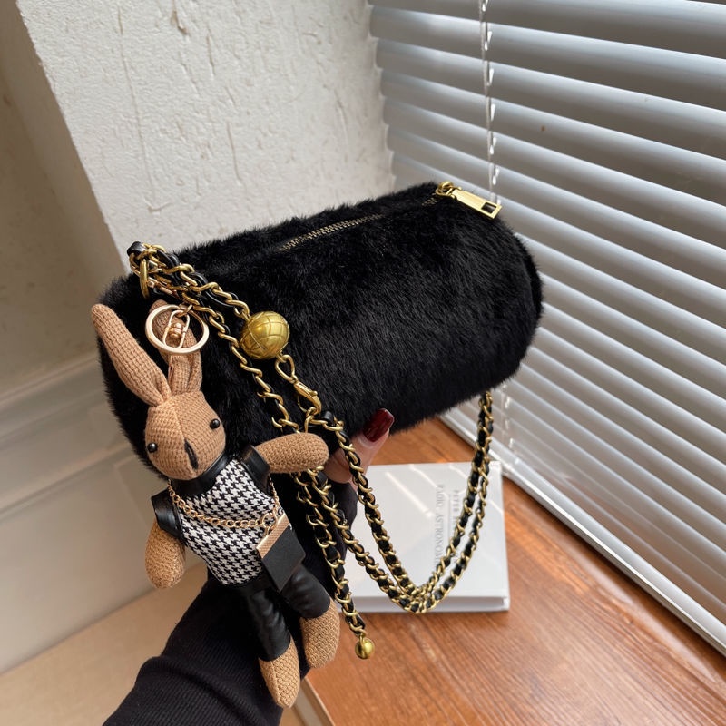 Túi đeo vai cỡ nhỏ IELGY vải lông phối dây xích thời trang cho nữ