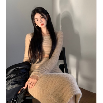 Áo lông chồn / Chân váy lưng cao ôm dáng phong cách cổ điển thời trang dành cho nữ