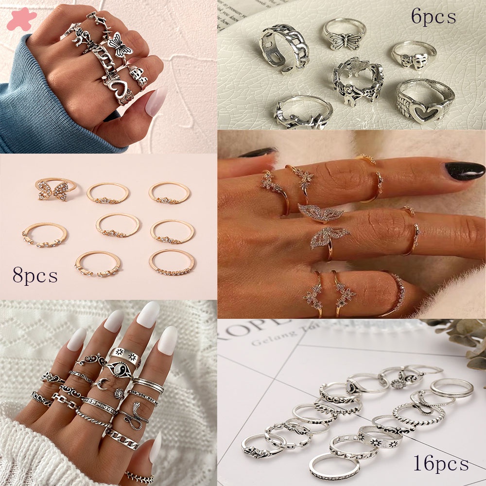 Bộ 6/8 Chiếc Nhẫn Hình Bướm Mạ Vàng/Bạc Phong Cách Retro Mỹ