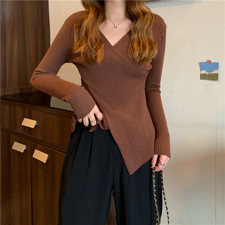 [Áo len nữ cổ V vạt chéo] Áo len dệt kim nữ dáng ôm hàng quảng châu | BigBuy360 - bigbuy360.vn