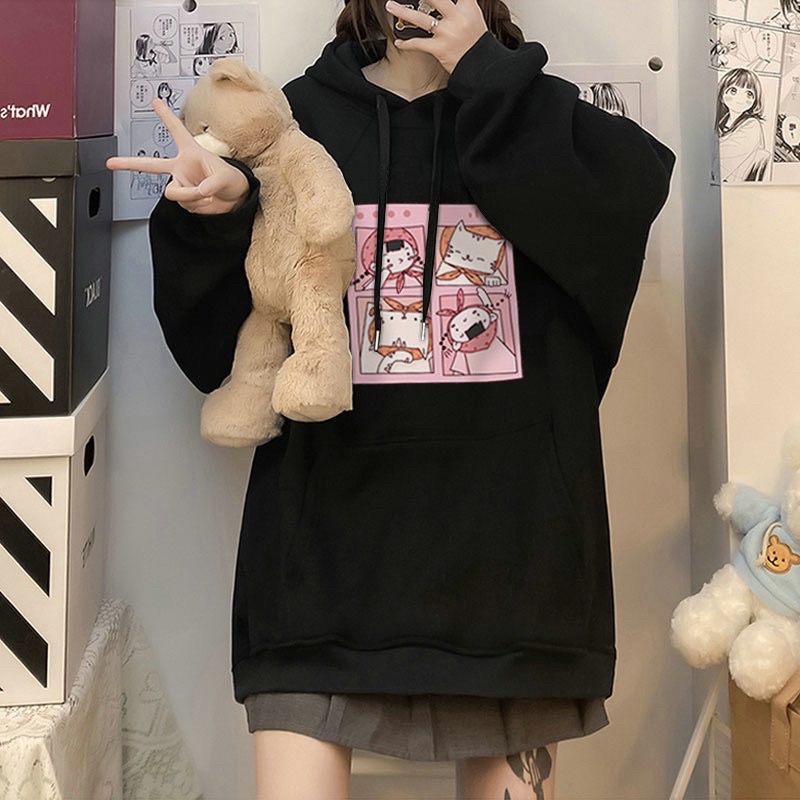 Áo Hoodie Nỉ Bông Tay Dài Suông Unisex Hoạ Tiết Chú Mèo&amp; Em Bé