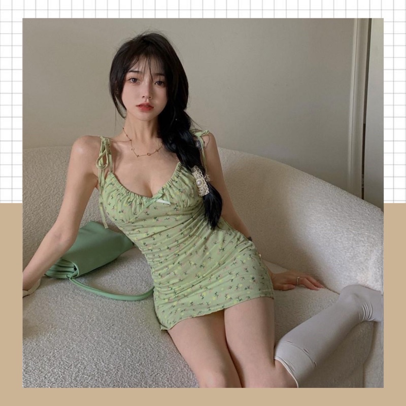 [Mã FAMARAL1 giảm 10K đơn 50K] Đầm/Váy 2 dây xanh hoạ tiết hoa nhí xinh xắn