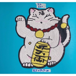 Sticker hình thêu mèo thần tài kim sa