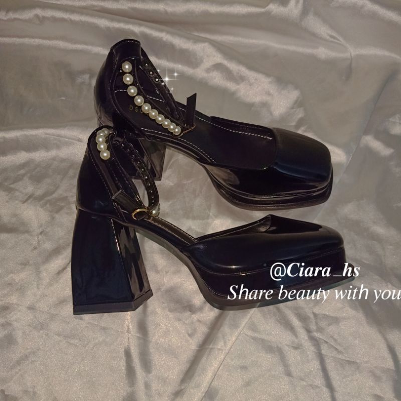Giày cao gót Mary Jane đính nơ đế vuông dày đẹp cao 9cm
