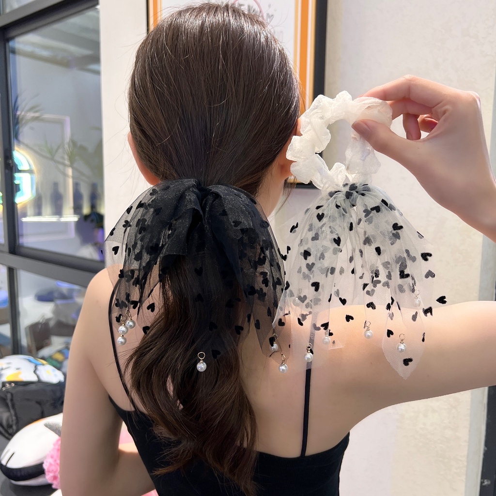 Dây Buộc Tóc Ruy Băng Đính Hạt Ngọc Trai Xinh Xắn Cho Nữ