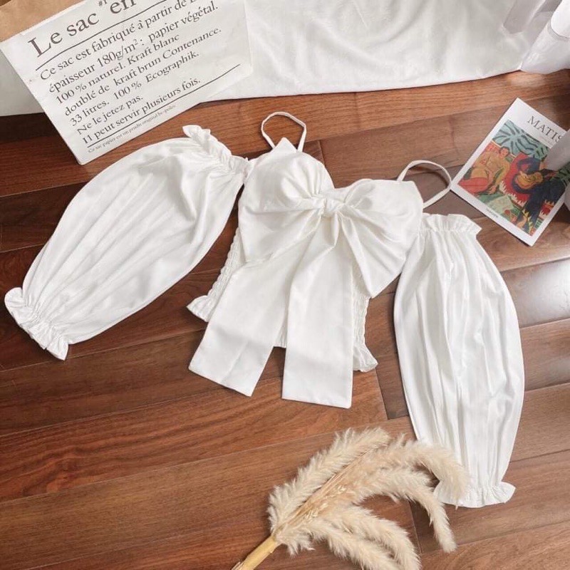 Áo croptop trắng nơ ngực phối tay phồng