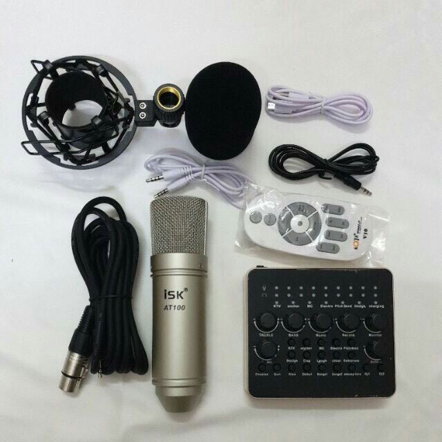 bộ thu âm đơn giản livestream karaoke online micro isk at100 soudcard v10 tặng tai nghe AKG (3 món)