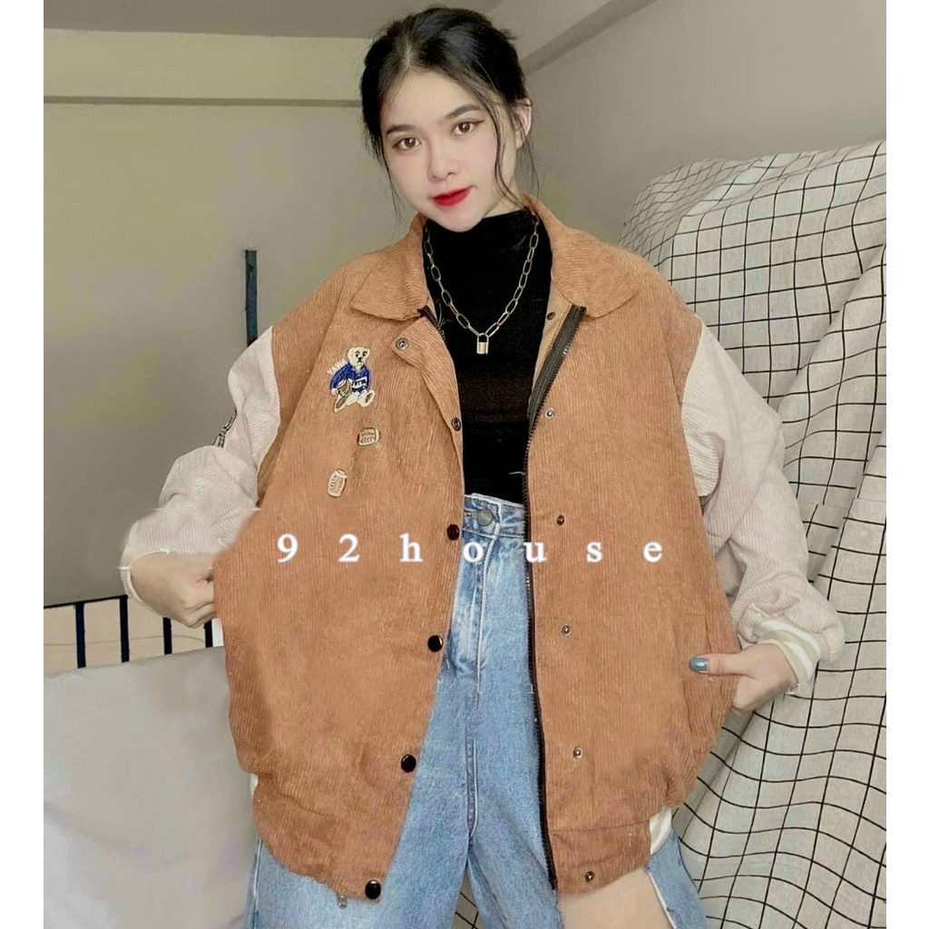 Áo khoác bomber unisex thêu gấu teddy / Áo khoác nam nữ nhung tăm thêu gấu bóng chày cá tính