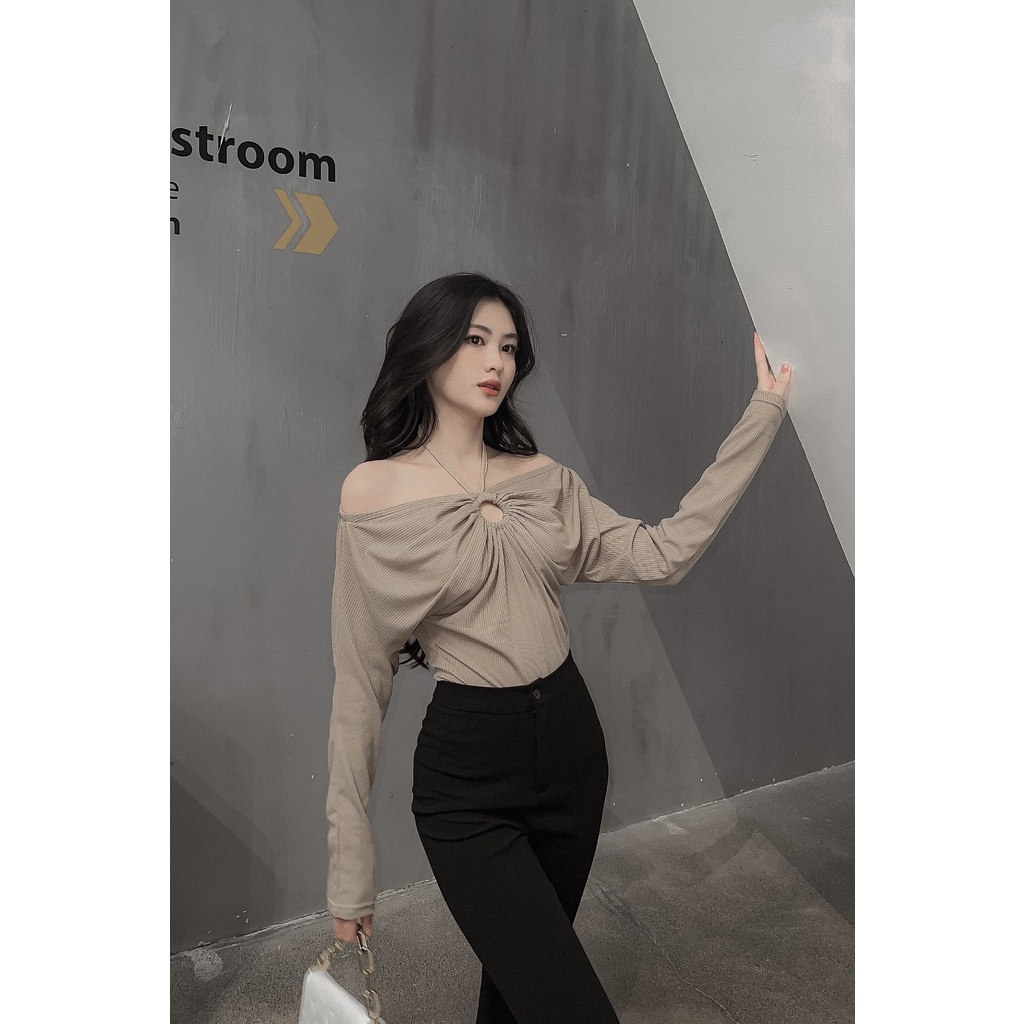 Áo croptop nữ tay dài HHVINTAGE kiểu bẹt vai khoen co giãn Top A39