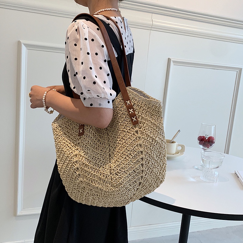 Túi cói Tote hình trái tim - dây da đeo vai - phong cách Vintage (mẫu mới)