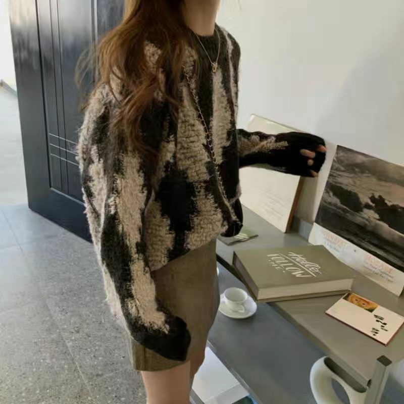 Áo Sweater Dáng Rộng Họa Tiết Sọc Caro Phong Cách Retro Nhật Bản Cho Nữ