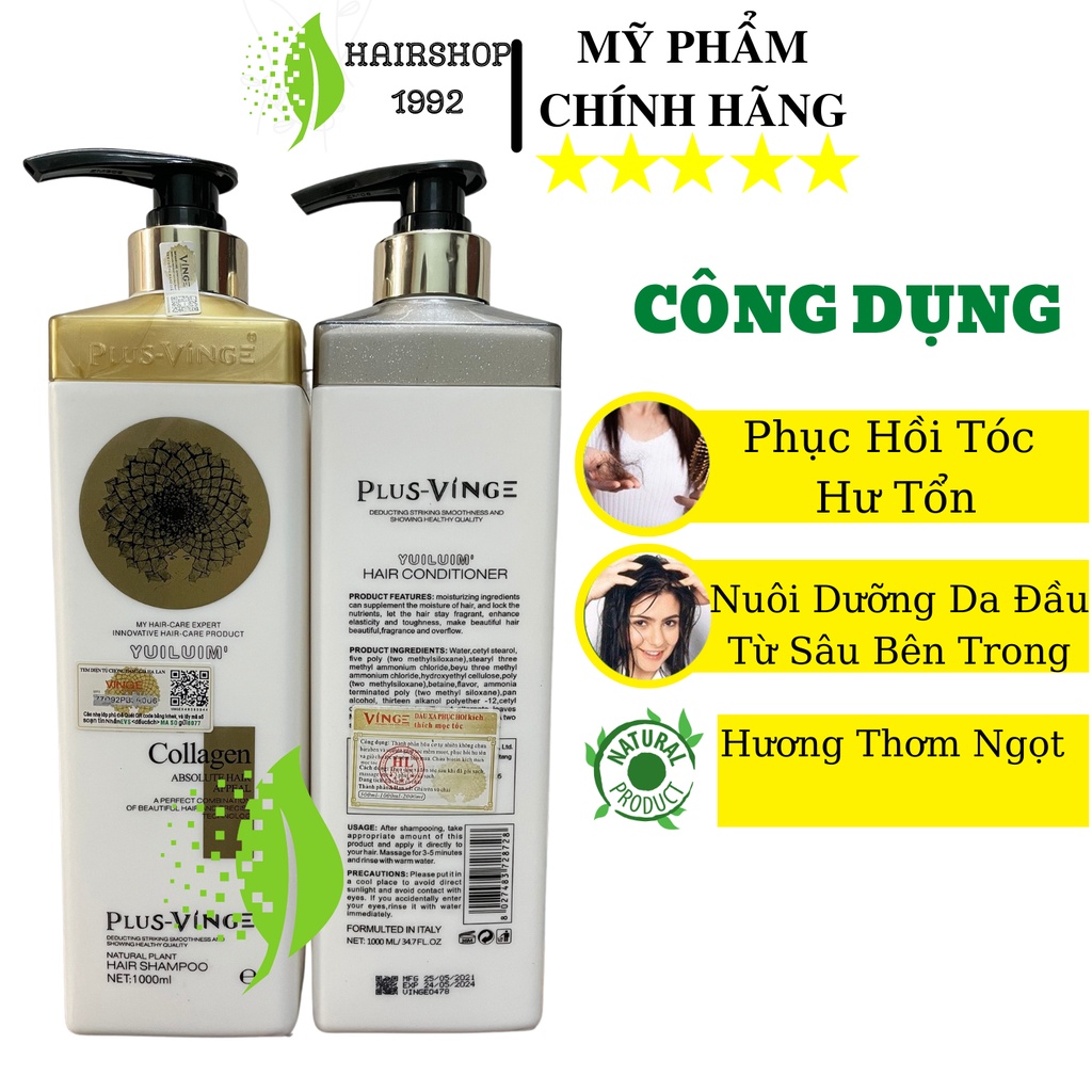 Dầu Gội Xả Collagen Vinge 1000ML | Giảm Rụng Tóc, Kích Mọc Tóc, Phục Hồi Tóc Hư Tổn Hương Thơm Nước Hoa