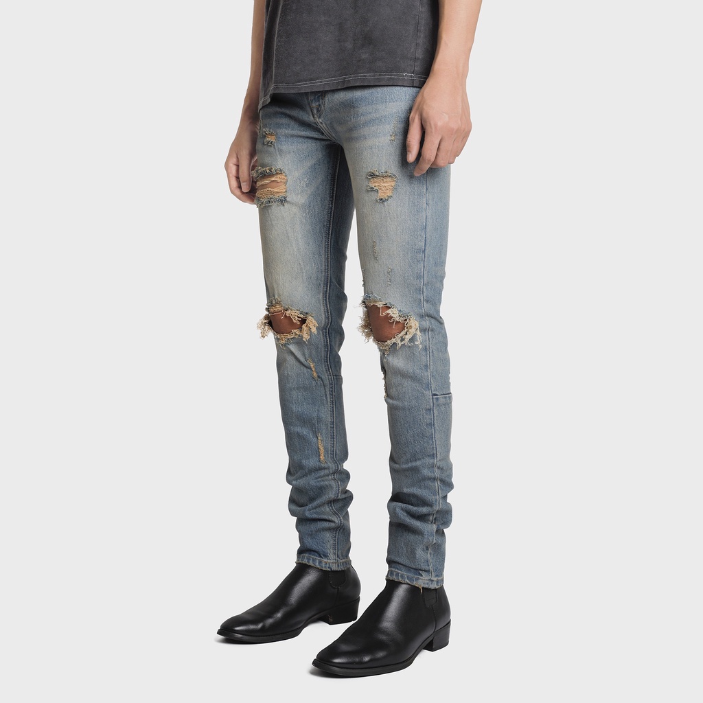 Quần Jean Nam The Luyn Black Màu Xanh Vintage Kiểu Rách Gối Form Dáng Skinny Fit