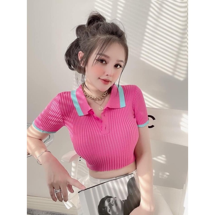 [Mã SKAMFSW175 giảm 10K đơn 50K] Áo len tăm cổ bẻ viền dáng croptop ngắn tay khuy ngực co giãn AS7514 - NhiNhi Shop