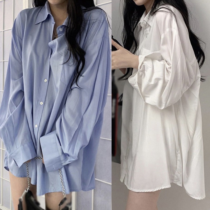 Áo sơ mi tay dài dáng rộng màu sắc vintage dành cho nữ