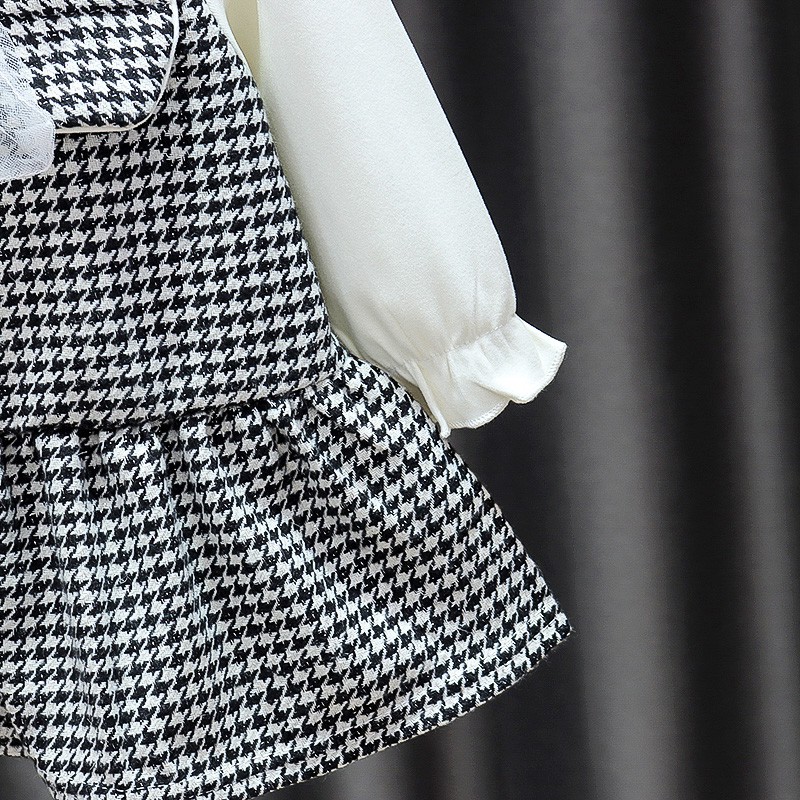 Dễ Thương Đầm Giả Nhiều Lớp Họa Tiết Houndstooth Đáng Yêu Cho Bé Gái