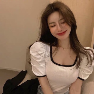 ❌Áo croptop body cổ vuông tay phồng 3 màu (đen/trắng/xám)❌