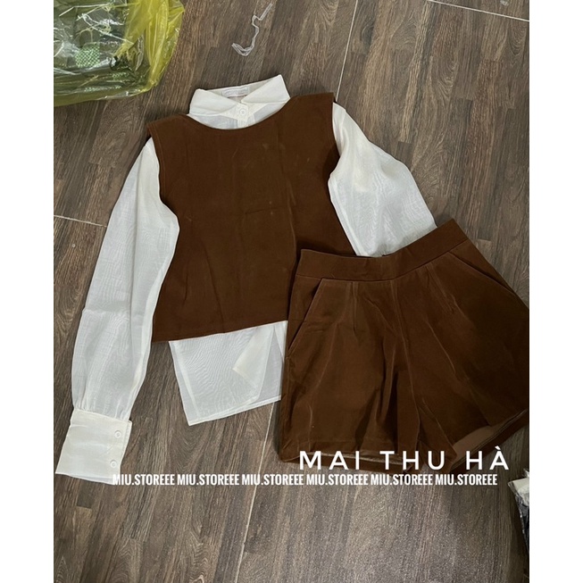 [ẢNH THẬT] SET NHUNG 3 MÓN ÁO SƠ MI VOAN BE+ ÁO GILE PHỐI CÚC + QUẦN SHORT NHUNG | BigBuy360 - bigbuy360.vn