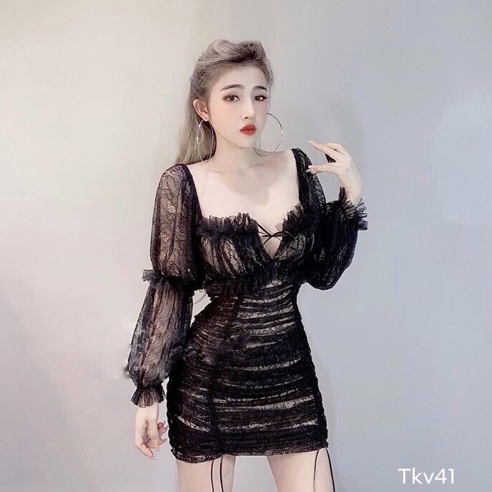 Váy đầm nữ dự tiệc chất ren nhúm eo tay phồng Amee