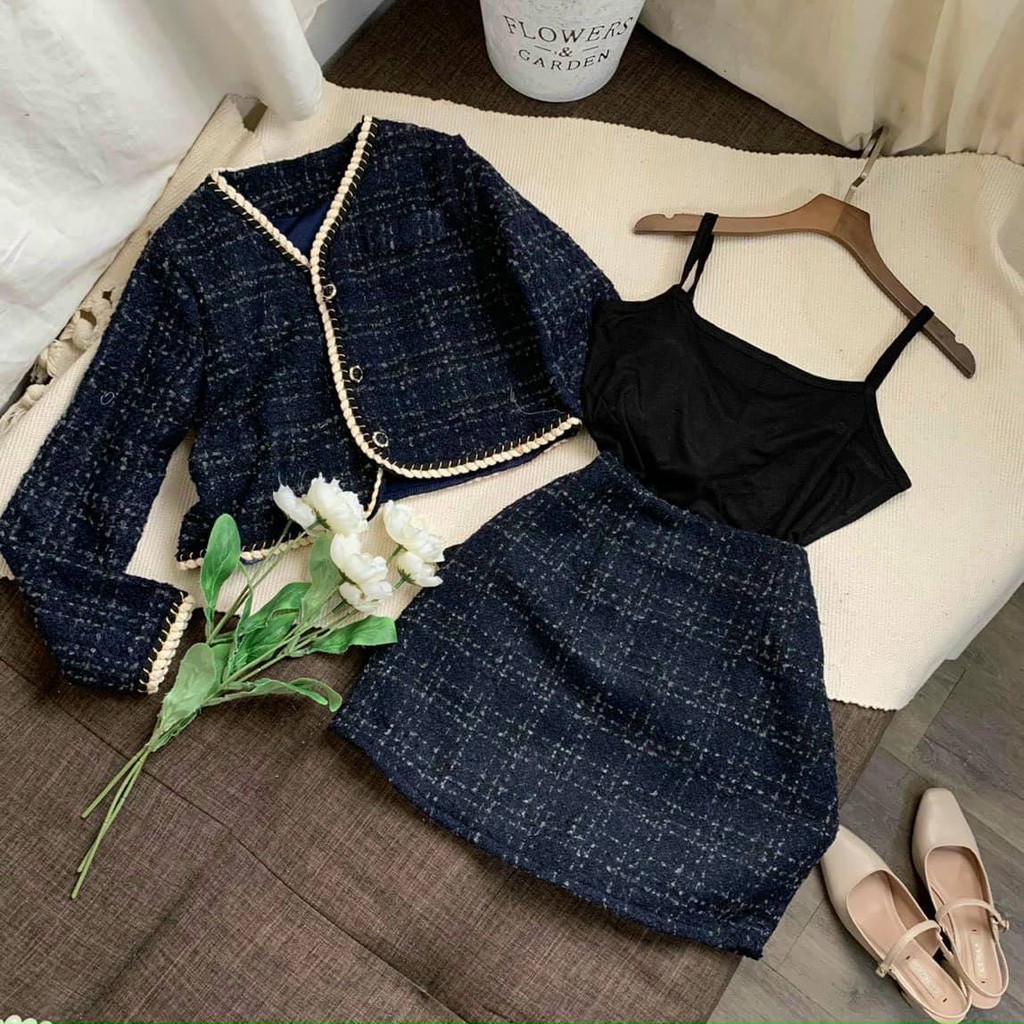 Set dạ kẻ 3 món siêu sang chảnh