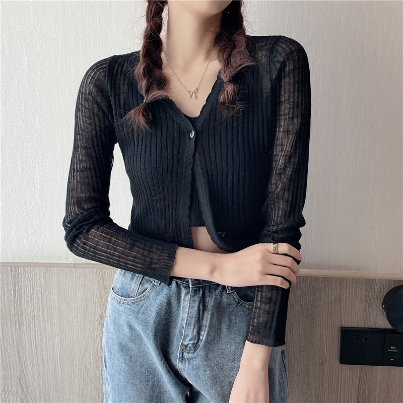 SUXI Áo Dệt Kim Tay Dài Chống Nắng Cổ Chữ V Thời Trang Mùa Hè Cho Nữ