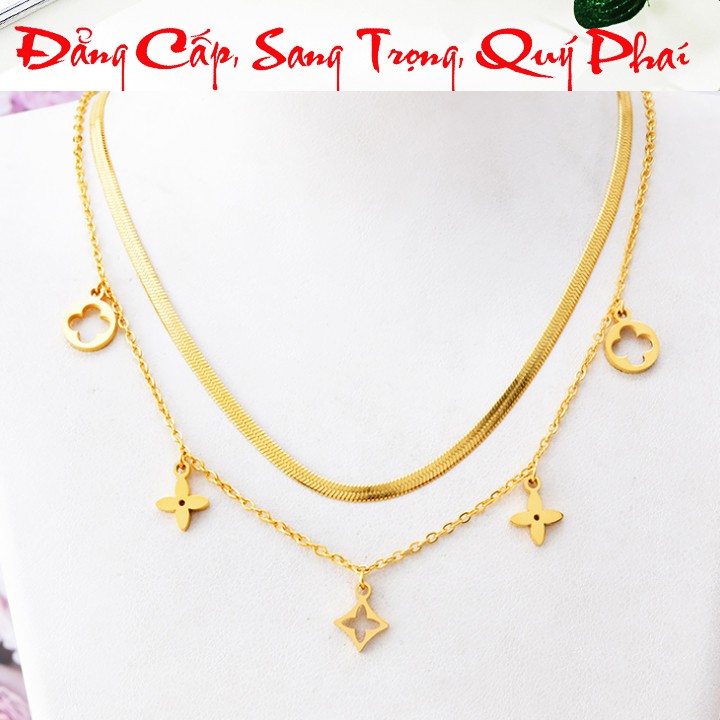 Dây chuyền nữ titan cao cấp kiểu mì dẹp kết hợp chuỗi hoa 4 cánh siêu đẹp, bền màu, hợp thời trang, dễ phối đồ