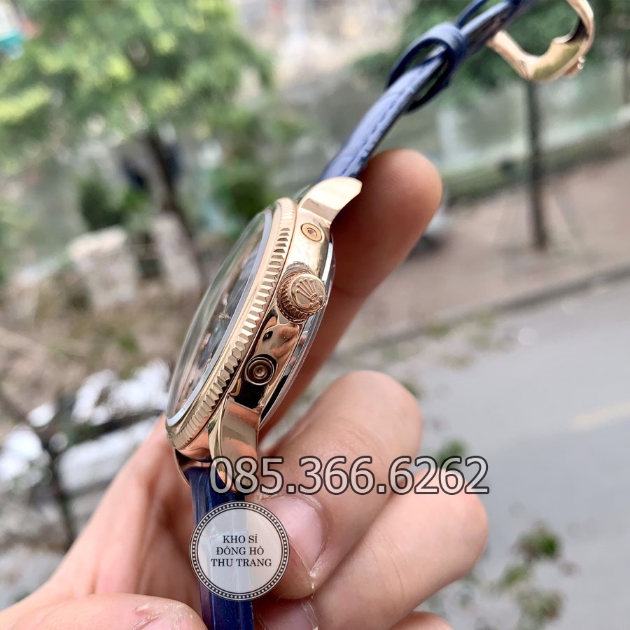 Đồng hồ nam Rolex máy Nhật mẫu 6 kim cơ Automatic xanh viền vàng dây da size 40-41mm