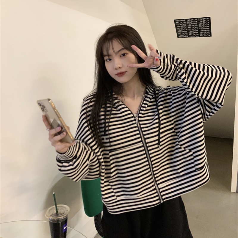 Xiaozhainv Áo Khoác Có Mũ Trùm Tay Dài Dáng Rộng Kẻ Sọc Thời Trang Hàn Quốc Cho Nữ | BigBuy360 - bigbuy360.vn