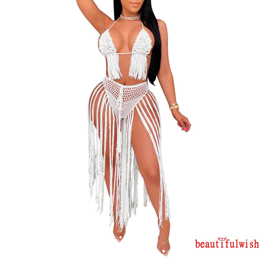 Bộ bikini đan len + quần lót tua rua dài thời trang đi biển mùa hè cho nữ
 | BigBuy360 - bigbuy360.vn