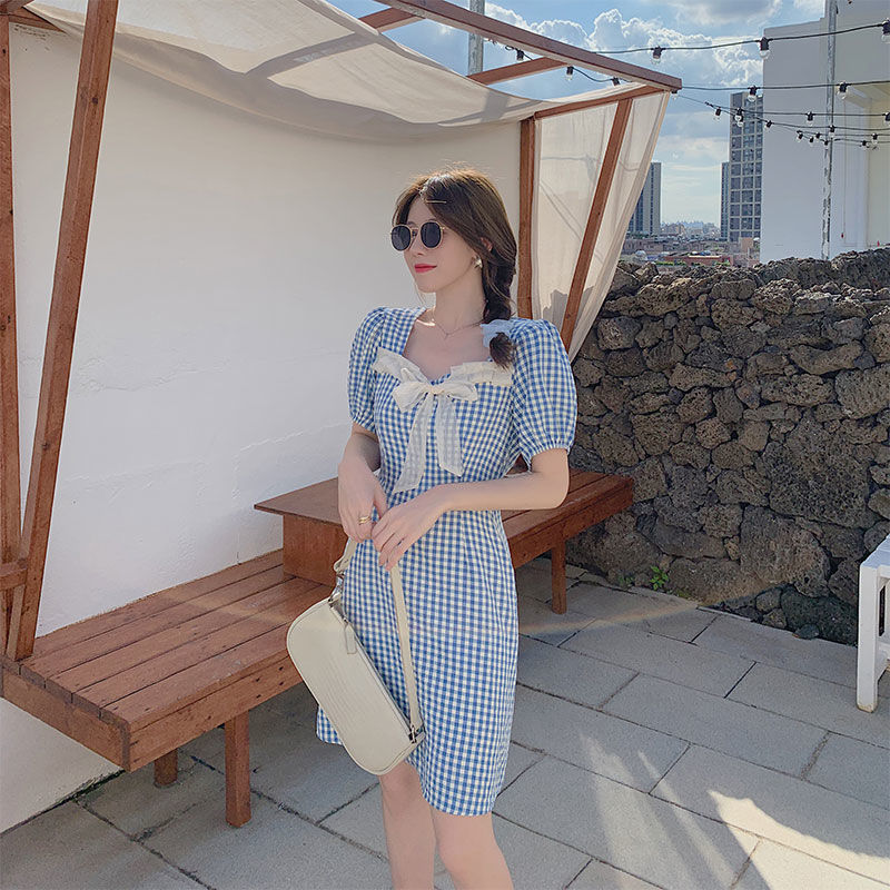 The waist shows thin and gentle wind skirt children's summer new style French minority Plaid Dress temperament A-line skirt