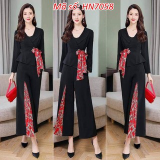 #HN7058 SET BỘ VEST CỘT EO HỌA TIẾT QUẦN ỐNG RỘNG SANG TRỌNG CÁCH ĐIỆU CÓ SIZE LỚN