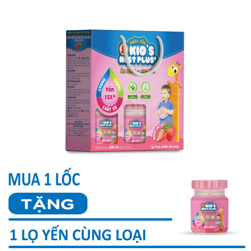 Combo Nước Yến Trẻ Em Kidsnest Plus+ Hương Dâu/ Cam/ Vani (Lốc 6 lọ x 70ml) + Quà tặng