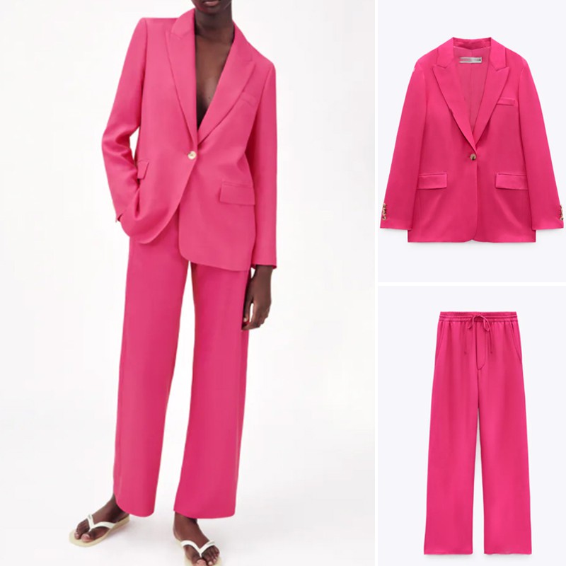 BỘ ÁO KHOÁC BLAZER ZRA NỮ VẢI RŨ VÀ QUẦN DÀI DÁNG SUÔNG HỒNG NEON - 3528/816 2718/816